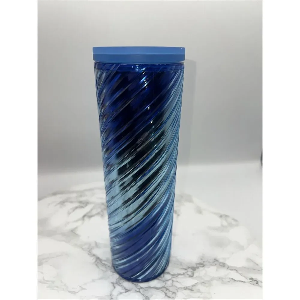 STARBUCKS Holiday 2023 Iridescent Icicle Ribbon Swirl Blue Sip Tumbler 16oz